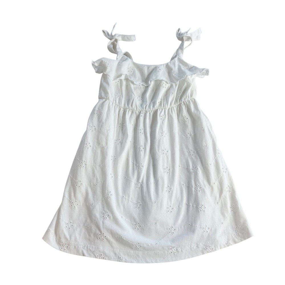 Cat & Jack Eyelet Dress Kids Size XS 4/5 White Ruffle Tie Strap Pockets